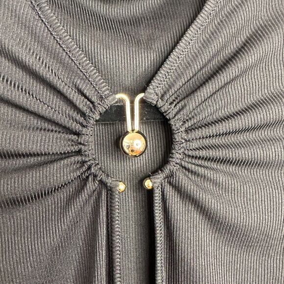 Sophie Anne Keyhole Black Bodysuit Gold Tone Hardware Long Sleeve Rib Knit 2 - Picture 6 of 14